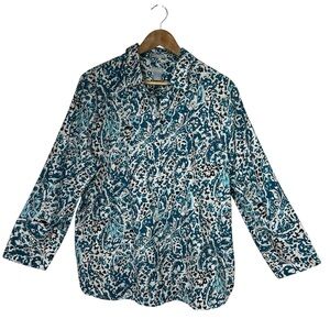 Chico's Women's No-Iron Stretch Paisley-Print Buttoned Shirt in Pagoda Blue 3=16